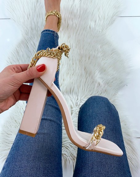 Beige square heel sandals with gold chains