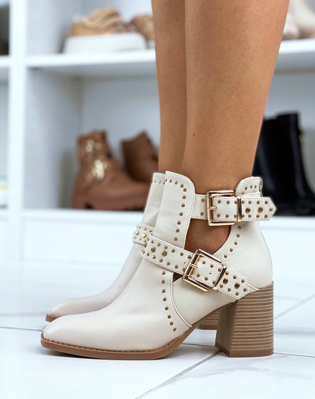 Beige square toe heeled ankle boots