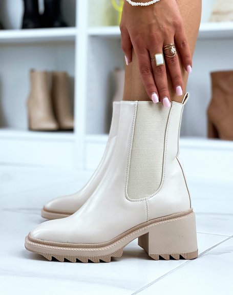 Beige square toe heeled ankle boots