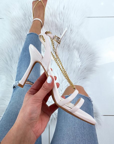 Beige stiletto heel sandals with gold chain