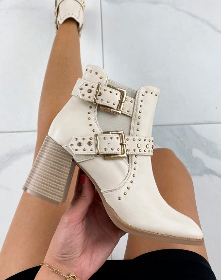 Beige studded ankle boots with heel and square toe