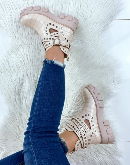 Beige studded crocodile ankle boots