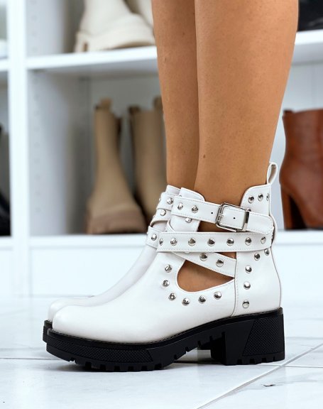 Beige studded mid-heel ankle boots