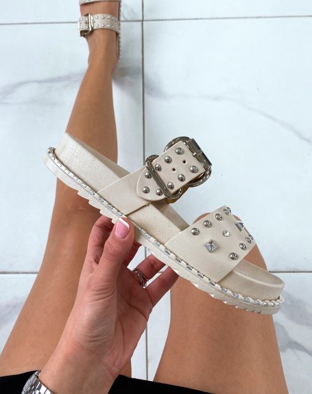 Beige studded sandals with buckles