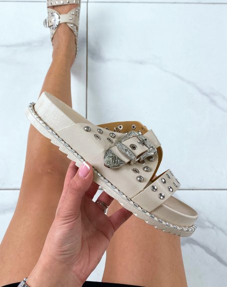 Beige studded sandals with silver clasp