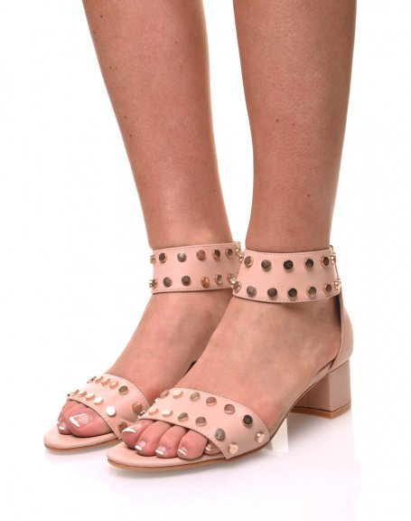 Beige studded square heel sandals