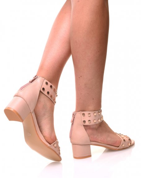 Beige studded square heel sandals