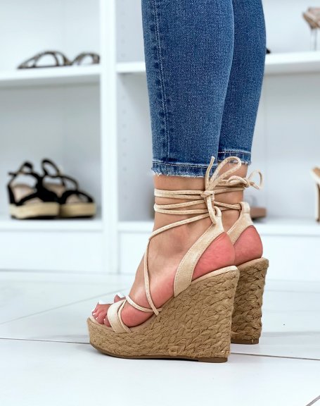 Beige suede lace-up wedges