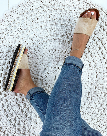 Beige suede mules with fancy platforms