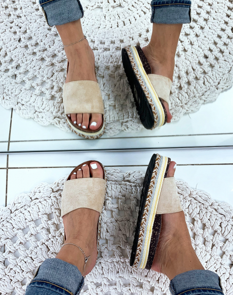 Beige suede mules with fancy platforms