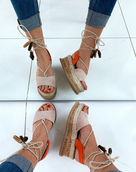 Beige suede wedge espadrilles with tassel ankle rope laces