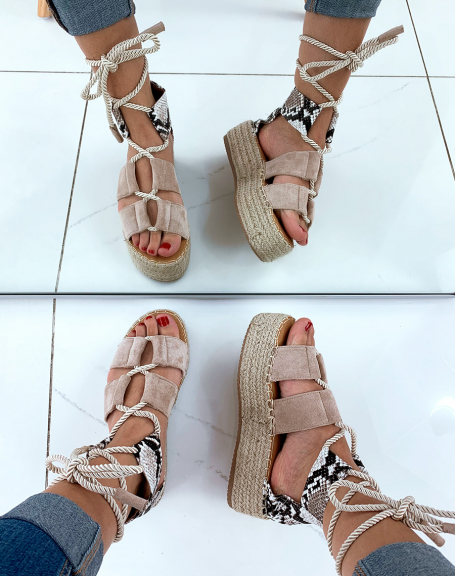 Beige suede wedge espadrilles with thick rope laces
