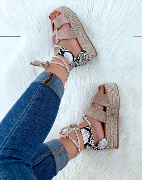 Beige suede wedge espadrilles with thick rope laces