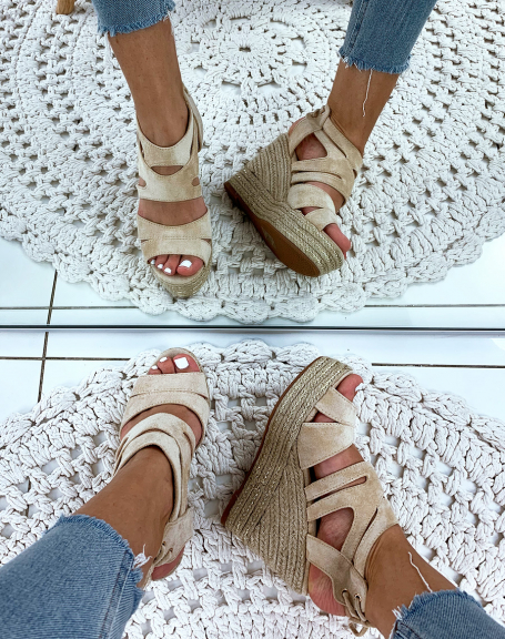 Beige suede wedges with multiple straps