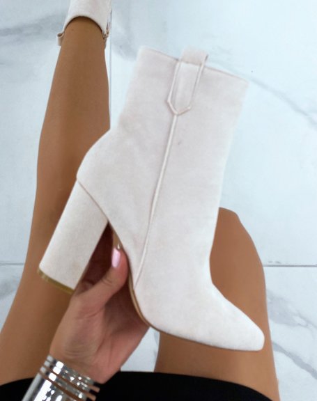 Beige suedette ankle boots with heel and pointed toe
