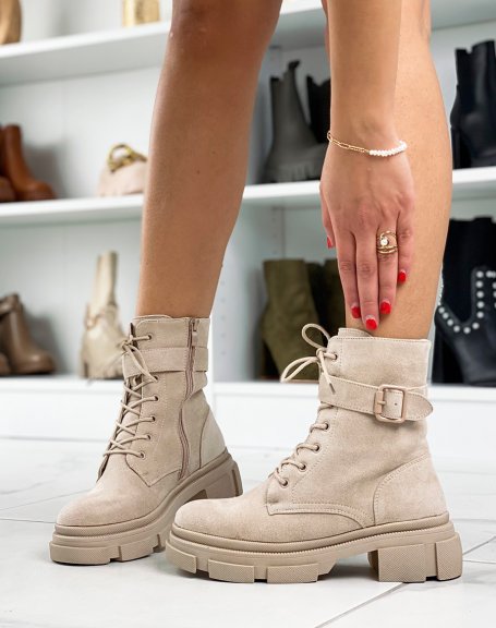 Beige suedette ankle boots with strap and lug sole
