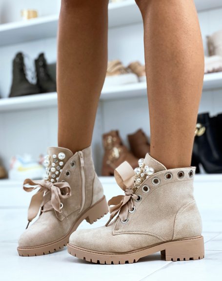 Beige suedette ankle boots with thick laces and pearl openwork