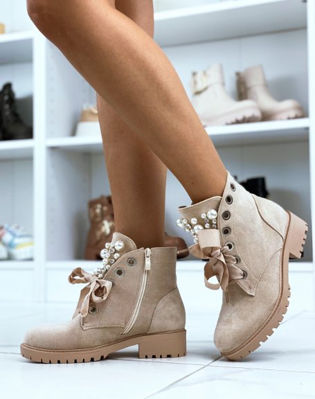Beige suedette ankle boots with thick laces and pearl openwork