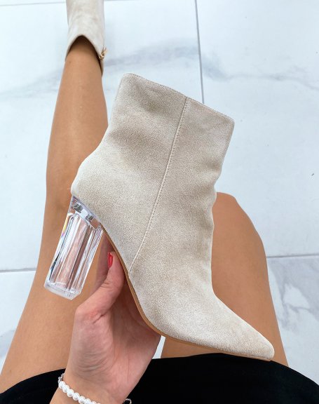 Beige suedette ankle boots with transparent heel