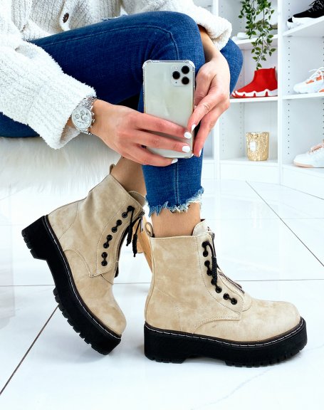 Beige suedette ankle boots with zip