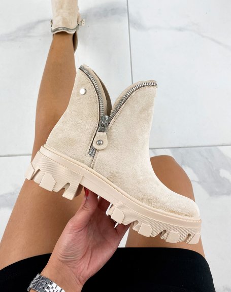 Beige suedette ankle boots with zipped petal effect