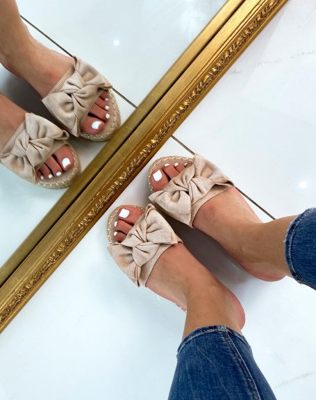 Beige suedette bow-shaped flat mules