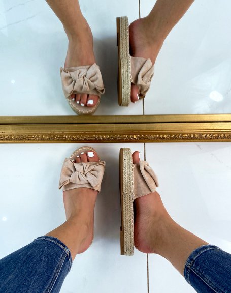 Beige suedette bow-shaped flat mules
