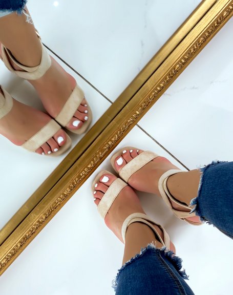 Beige suedette cross-strap heeled sandals