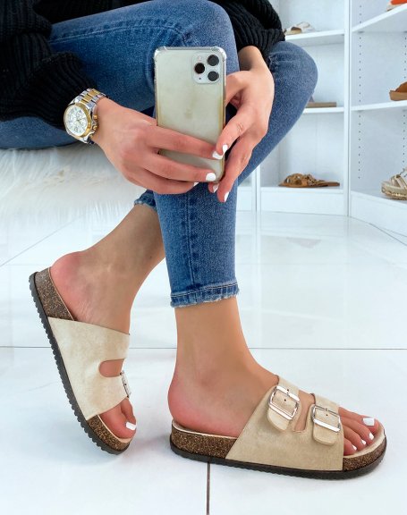 Beige Suedette Double Chunky Strap Flat Sandals