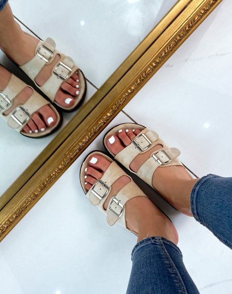 Beige Suedette Double Chunky Strap Flat Sandals