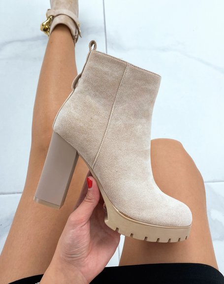 Beige suedette heeled ankle boots