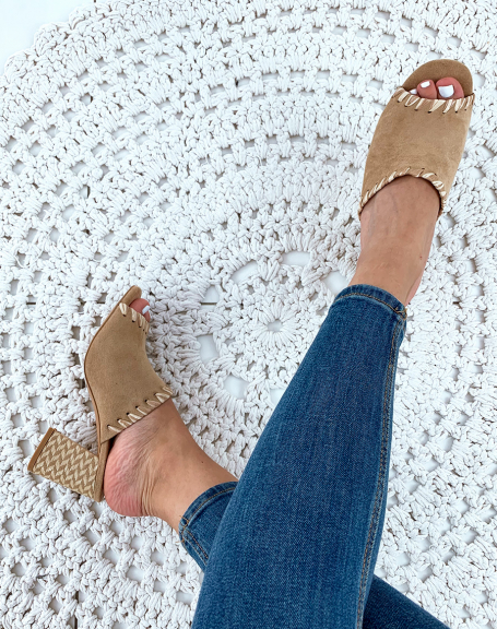 Beige suedette heeled mules with decorative details