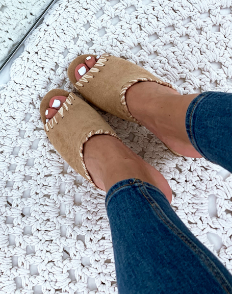 Beige suedette heeled mules with decorative details