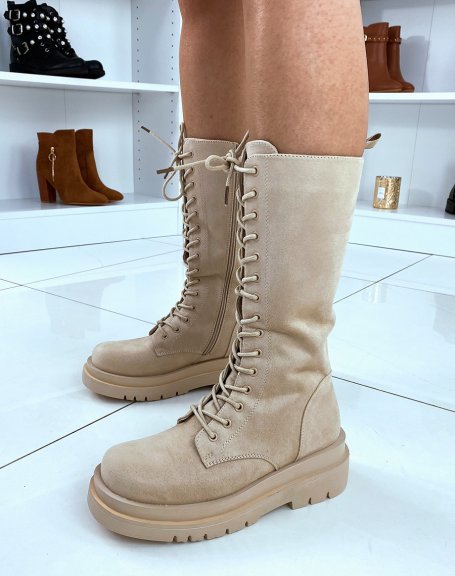 Beige suedette high lace-up boots