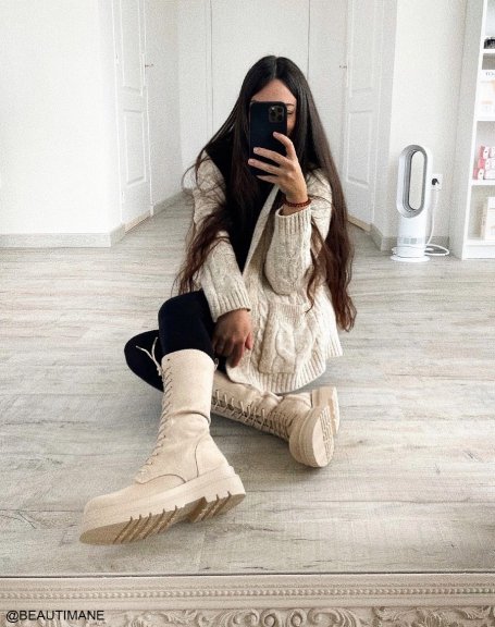 Beige suedette high lace-up boots