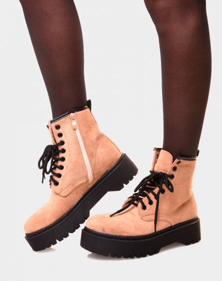 Beige suedette high-top ankle boots with large platform