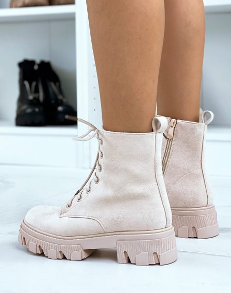 Beige suedette lace-up ankle boots with lug sole