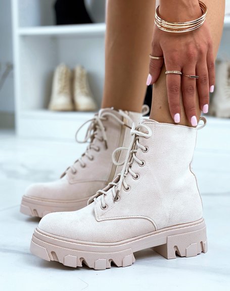 Beige suedette lace-up ankle boots with lug sole