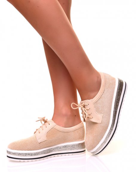 Beige suedette lace-up derbies with wedge soles