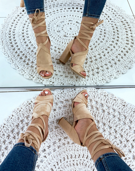 Beige suedette lace-up heeled sandals