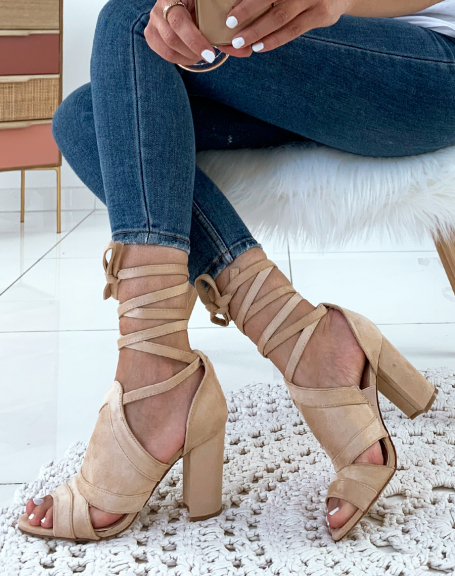 Beige suedette lace-up heeled sandals