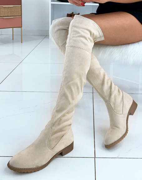 Beige suedette lace-up thigh-high boots