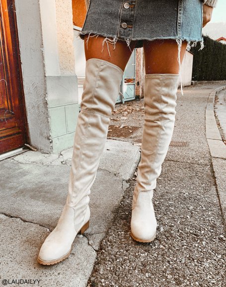 Beige suedette lace-up thigh-high boots