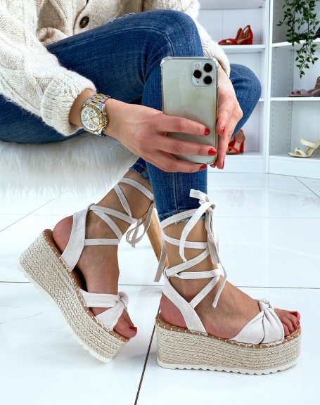 Beige suedette lace-up wedge sandals
