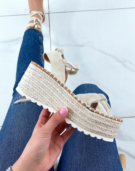 Beige suedette lace-up wedge sandals