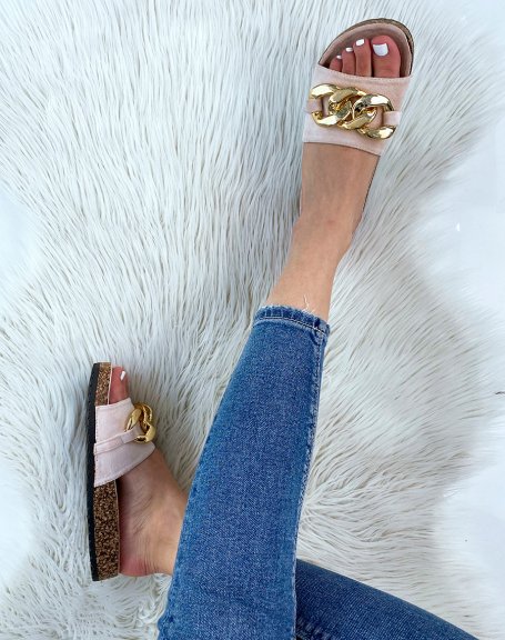Beige suedette mules with big gold chain