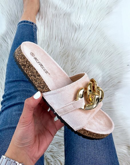 Beige suedette mules with big gold chain