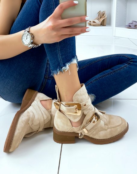Beige suedette open ankle boots