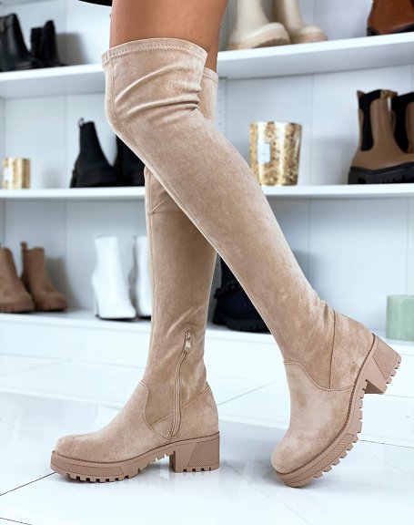Beige suedette over-the-knee boots