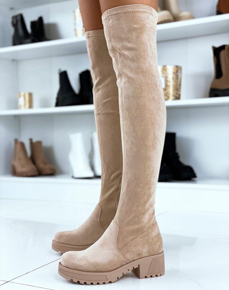 Beige suedette over-the-knee boots